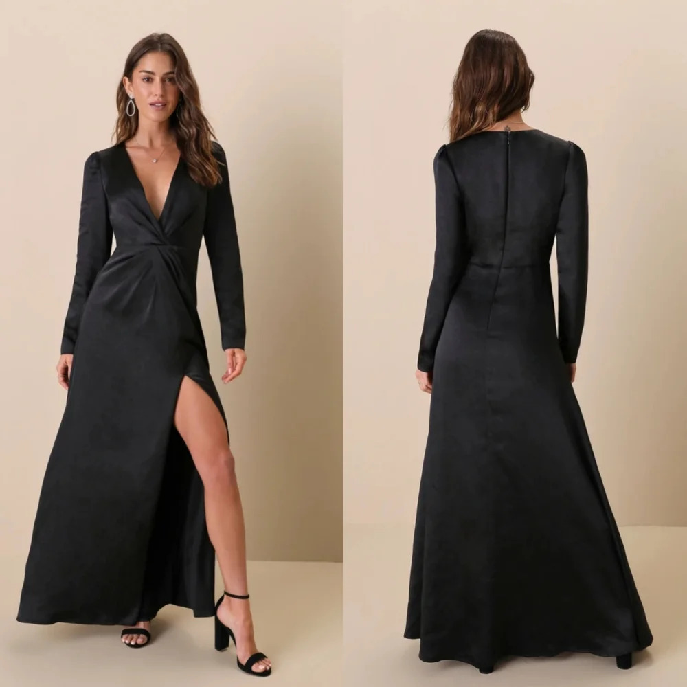 Lulus Endearing Elegance Black Satin Long Sleeve Maxi Dress Wedding Party Guest